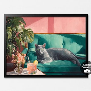 ロシアンブルーキャットアートプリント、カクテルアート、バーカートの装飾、トレンディなホームウォールアート、猫好きへのギフト、猫のポスター、モダンなキッチンの装飾、デジタル