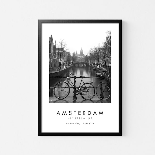 Amsterdam Travel Poster, Amsterdam Art Print, Netherlands Print, Black And White, City,Europe Print, Travel Gift, Wall Art Decor