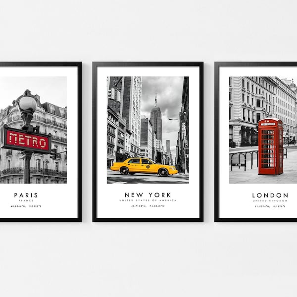 Ensemble de 3 tirages de voyage, Londres, New York, affiche de Paris, tirages de voyage de New York, décor d'art mural, décor à la maison minimaliste, noir et blanc, SUA