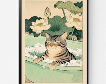 Funny Tabby Cat in Bathtub Art Print: Japanese Bathroom Decor in Ukiyo-e Style