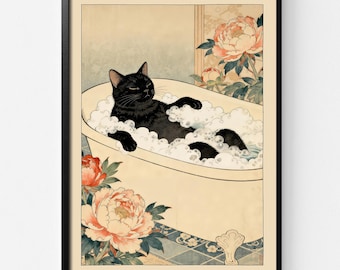 Grappige poster zwarte kat in bad: Japans badkamerdecor in ukiyo-e-stijl, minimalistische muurkunst