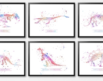Set of 6 Watercolor Dinosaur Prints，Tyrannosaurus rex，Trigeratops prorsus,Plesiosaurus Skeleton ,Dinosaur Poster,VPrehistoric  Dinosaur Art