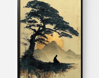 Zen Buddha Print, Bodhi Tree, Vintage Meditation Wall Art
