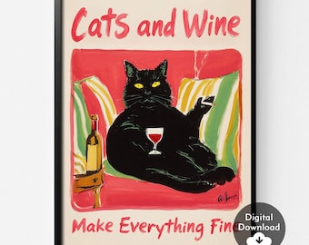 Grappige katten en wijn print, zwarte kat kunst aan de muur print, kat met wijn retro keuken decor, keuken decor, kattenliefhebber cadeau, digitale download