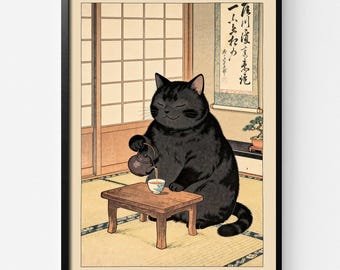 Japanese Tea Ceremony Cat Print, Cozy Black Cat Pouring Tea Poster, Zen Room Wall Art Decor,Cat Lover Gift Idea