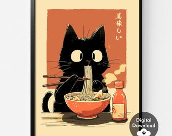Black Cat Ramen Noodle Print, Japanese Kitchen Art (Digital Download)
