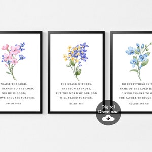 Set of 3 Christian Floral Prints,Christian Wall Art,Botanical Scripture Print,Bible Verse Wall Poster Set,Minimal Home Decor,Psalm Print