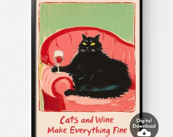 Katten en wijn print, zwarte kat kunst aan de muur print, dierenkunstwerk, kat met wijn retro keuken decor, keuken decor, kattenliefhebber cadeau, digitale download