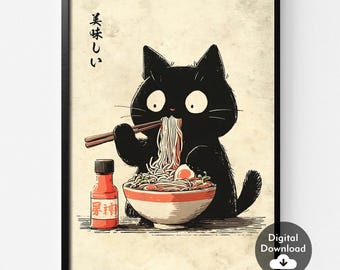 Black Cat Ramen Japanese Art Print, Kitchen Poster (Digital Download)