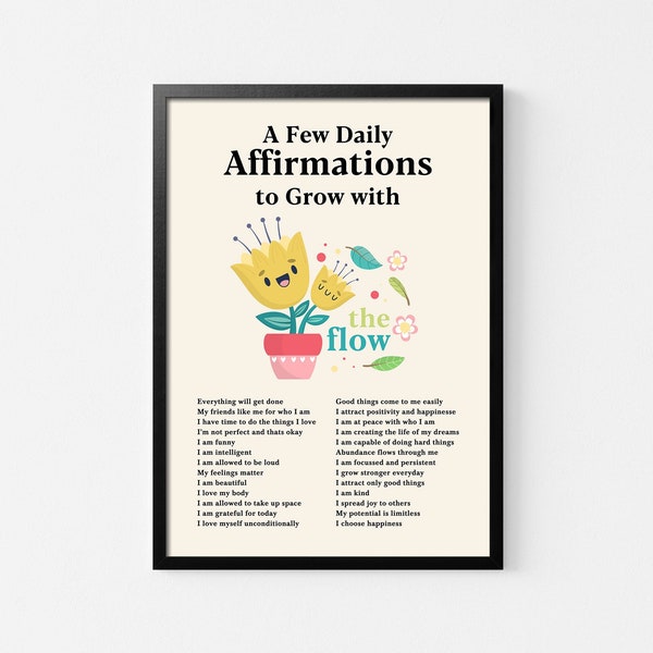Daily Affirmations Wall Print, Cute Typographic Poster,Aesthetic Flowers Poster, Mental Health Poster, Therapy Poster，Digital Download
