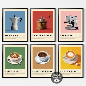 Może przedstawiać: Sześć kolorowych plakatów z ilustracjami różnych metod parzenia kawy i napojów kawowych. Plakaty są zatytułowane "Moka Pot", "Coffee Grinder", "Espresso", "Caffe Latte", "Caffe Espresso" i "Cappuccino".