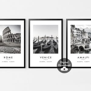 Set of 3 Italy Travel Prints, Amalfi, Rome, Venice Poster, Fashion Prints, Italy Travel Art, Wall Art Decor, Black & White,Travel Gift