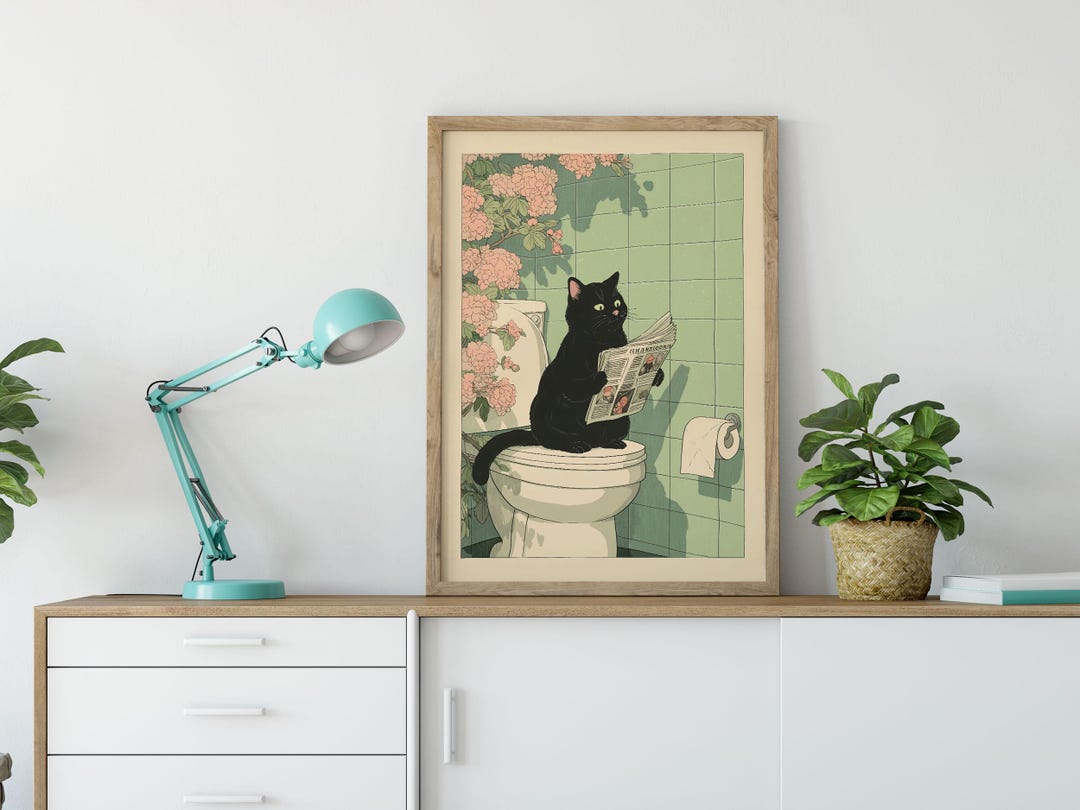 Funny Black Cat Reading Newspaper Print, Quirky Bathroom Wall Art - Etsy
