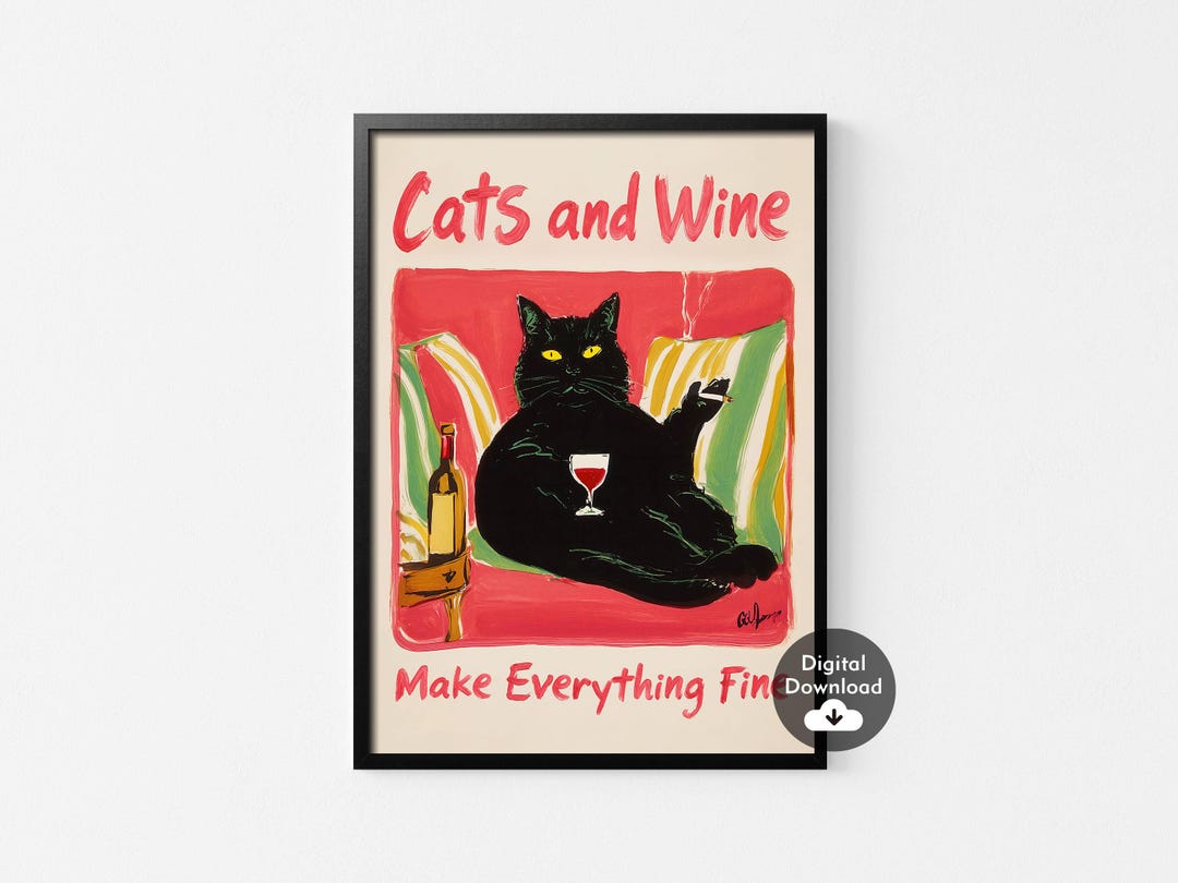 Funny Cats and Wine Print,black Cat Wall Art Print,cat With Wine Retro ...