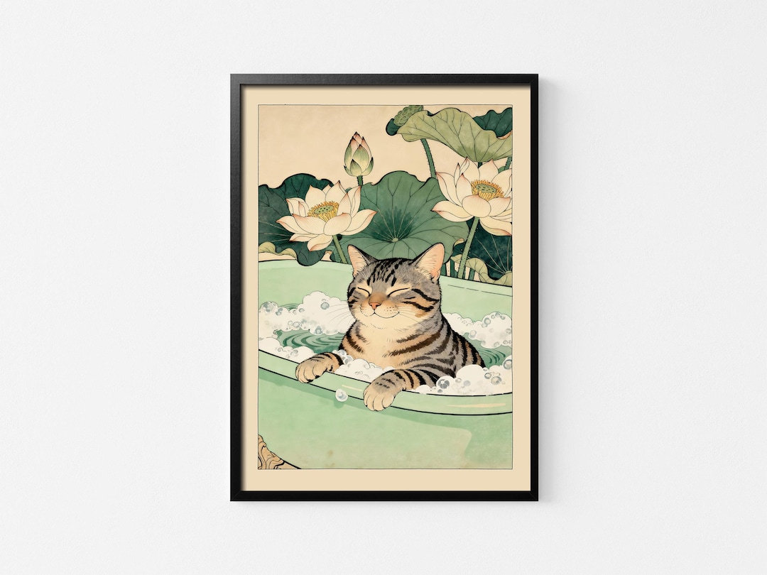 Funny Tabby Cat in Bathtub Art Print: Japanese Bathroom Decor in Ukiyo ...