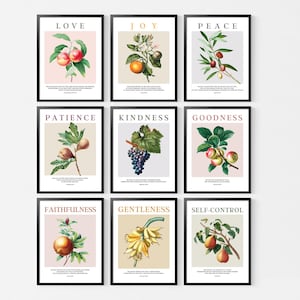 Könnte beinhalten: Ein Set aus neun gerahmten Wandbildern in einer Rasteranordnung. Jeder Druck zeigt eine botanische Illustration von Früchten, ein Tugendwort wie Liebe, Freude oder Frieden sowie kleinen Text. Die Rahmen sind schwarz und die Hintergründe neutral.