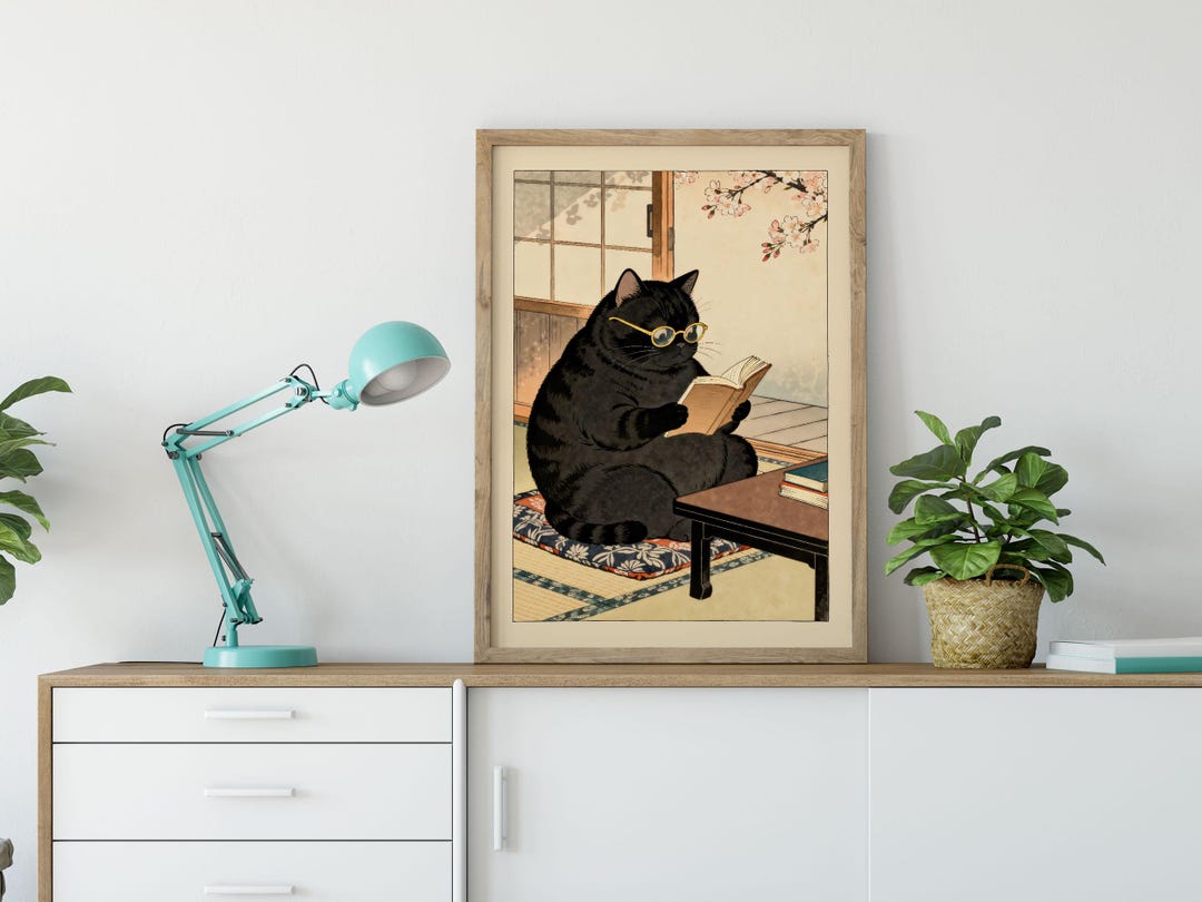 Funny Cat Reading Print: Ukiyo-e Style Bathroom Poster, Japanese Art ...