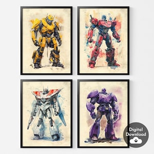 Pode incluir: Conjunto de quatro pinturas de aquarela com personagens de Transformers. Os personagens são Bumblebee, Optimus Prime, Starscream e Megatron. As pinturas são em estilo vintage com um fundo de aquarela.