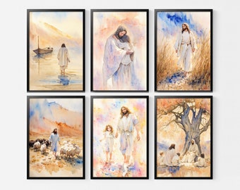 Peut inclure: Six aquarelles représentant des scènes de la vie de Jésus. Les peintures présentent Jésus dans différents contextes, notamment un bateau sur un lac, un champ d'herbe et un groupe de personnes rassemblées autour de lui.