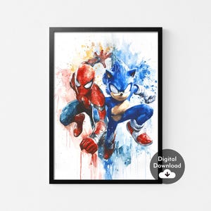 Spider-Man en Sonic the Hedgehog aquarel Art Print, Spider-Man poster, kinderkamer muur decor verjaardagscadeau digitale download