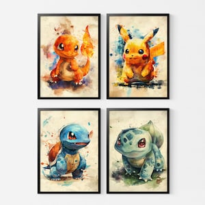 Impresión de acuarela de Pokémon, arte de pared de Pokémon, póster de Pikachu, Charmander, Bulbasaur y Squirtle, decoración artística para dormitorio infantil, regalo de cumpleaños