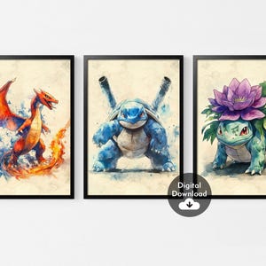 Set di 3 stampe ad acquerello di Pokemon, Pokemon Wall Art, Charizard, Blastoise, Venusaur Poster, Decorazione artistica per la cameretta dei bambini, Regalo per bambini, Digitale