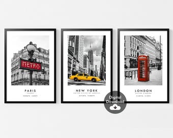 London, New York, Paris Prints: Minimalist Travel Poster Set (Digital Download)