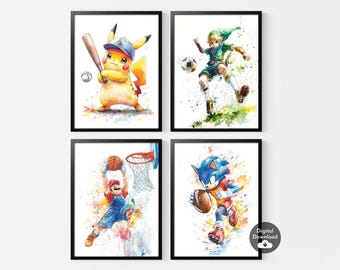 Video Game Nursery Art Prints: Pikachu, Mario, Sonic (Digital Download)