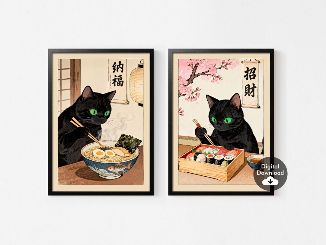 Black Cat Ramen Sushi Print, Japanese Food Poster, Kitchen Wall Art ...