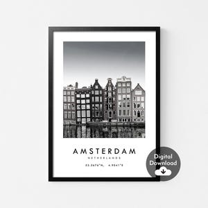 Amsterdam Reisedruck, Amsterdam Poster, Schwarzweißdruck, Niederlande Poster, minimalistisches Wandkunstdekor, Wahrzeichen der Stadt