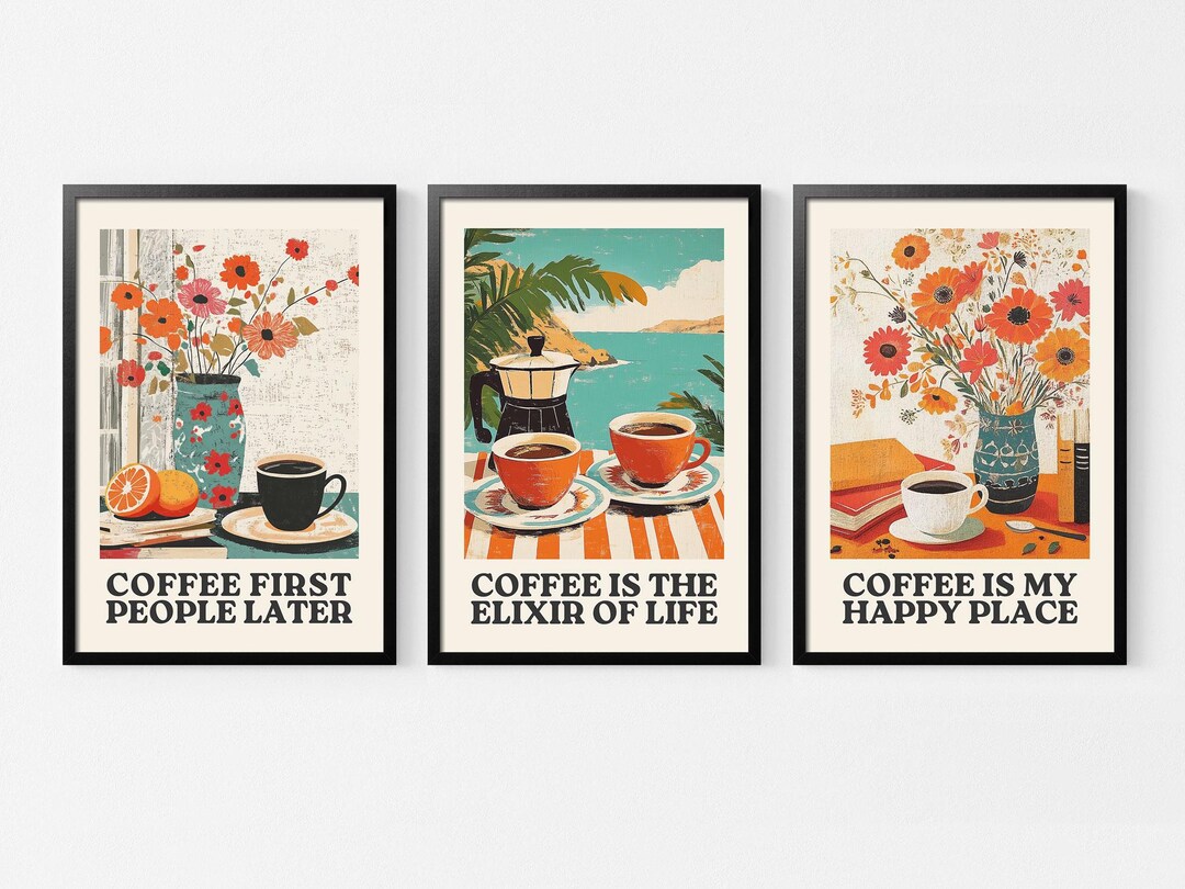 set of 6 kitchen prints coffee print set kitchen art... Retro Coffee Prints, Kitchen Wall Art Set (digital Download) - Etsy