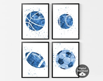 Aquarelkunstafdrukken sportbal: honkbal, voetbal, voetbal (digitale download)