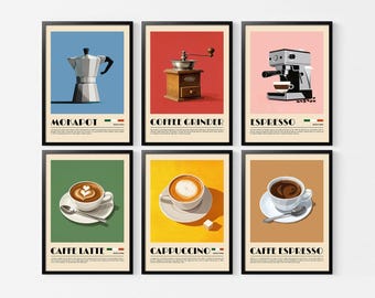 May include: Six colourful illustrations of different coffee brewing methods and coffee drinks. The illustrations are framed in black and have a white background. The illustrations include a moka pot, a coffee grinder, an espresso machine, a latte, a cappuccino, and a caffe espresso.