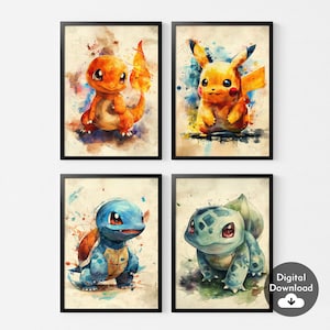 ポケモン水彩画プリント4枚セット、ポケモンウォールアート、ピカチュウ、ヒトカゲ、フシギダネ、ゼニガメのポスター、子供部屋寝室アート装飾、デジタル
