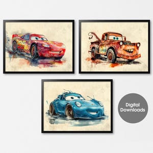Set of 3 Cars Movie Print,Watercolor Disney Cars Print,Lightning Mcqueen,Sally Carrera,Mater Poster,Nursery Decor,Printable Wall Art,Digital