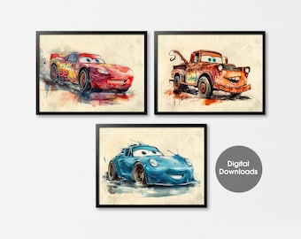 Cars Movie Watercolor Print Set: Lightning McQueen, Mater, Sally (Digital Download)