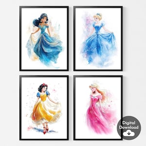 Set of 4 Watercolor Princess Prints,Princesses Themed Nursery,Princess Paintings for Girls Nursery,Baby Girl Wall Art, Girl Gift, Digital
