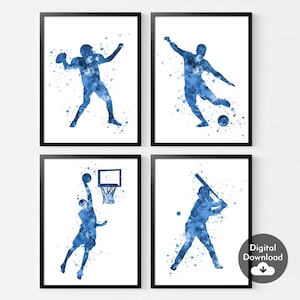 Zestaw 4 Koszykówka, Piłka nożna, Rugby, Baseball Druk, Plakat sportowy dla chłopców, Gry w piłkę akwarelową, Dekoracja pokoju dla chłopców, Sztuka sportowa, Pobieranie cyfrowe