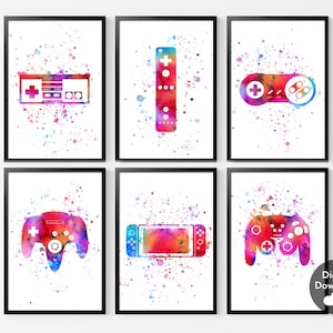 Set of 6 Watercolor Video Game Prints，Birthday Gift For Gamers，PRINTABLE Video Game Poster，Watercolor Wall Art,Video Game Controller Prints