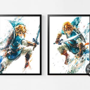 Set di 2 stampe di Legend of Zelda, poster di Link, decorazione da parete, stampa artistica ad acquerello, stampe di videogiochi, decorazione per cameretta, regalo per ragazzi, download digitale