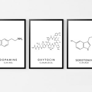 Set of 3 Molecule Print，Serotonin, Oxytocin & Dopamine Prints，Molecular Structure Wall Art，Chemistry Poster，Instant Digital Download