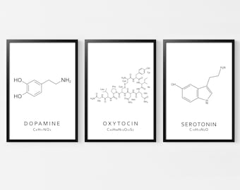 Set di stampe molecolari: serotonina, ossitocina, dopamina - Arte murale sulla chimica (download digitale)