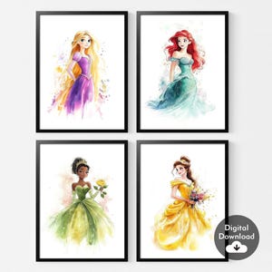 Set of 4 Princess Prints,Princess Art Prints for Girls Nursery,Disney Princess Art for Girl&#39;s Room, Watercolor Princess Wall Art, Digital