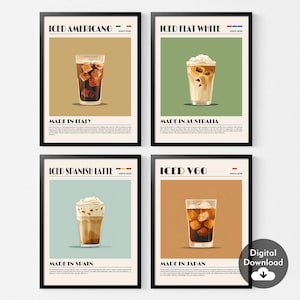 Juego de 4 impresiones de café helado, decoración de cocina moderna, arte mural minimalista de café, americano, flat white, latte español, póster V60, regalos, digital