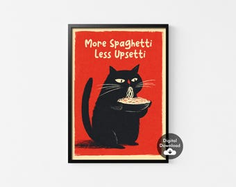Affiche de spaghettis Hungry Cat, art de cuisine drôle (téléchargement numérique)