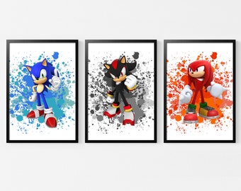 Lot de 3 affiches Sonic, affiche Sonic impression d'art aquarelle, affiche de jeu d'action et d'aventure, décoration de chambre kawaii, décoration d'intérieur, téléchargement numérique