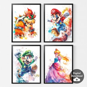 Super Mario Aquarell Drucke, 4er-Set, Kinderzimmer Dekor (Digitaldruck)