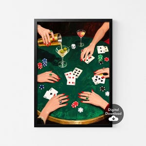 Vintage cocktails en kaarten muurafdruk, retro pokeravond kaarten en drankjes, cocktailmuurkunst, keukenbar kar decor, man cave kunst, digitaal