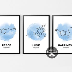 Set of 3 Molecule Print，Serotonin, Oxytocin & Dopamine Prints，Molecular Structure Wall Art，Chemistry Poster，Science  Decor，Chemistry Poster