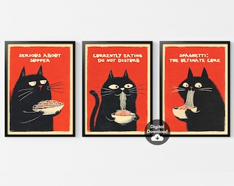 Affiche de spaghettis Hungry Cat, art mural de cuisine drôle (téléchargement numérique)